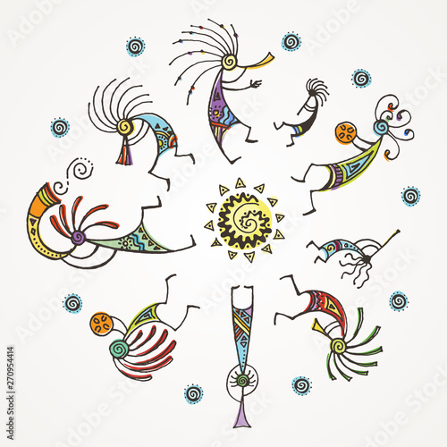 Hand drawn Kokopelli circle. Stylized mythical characters playing flutes.