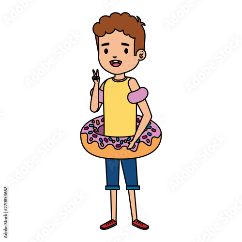 cute little boy with shirt and donut float