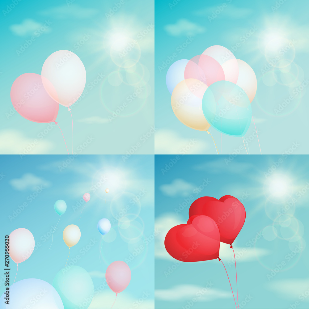 Balls on sky background, set, vector illustration
