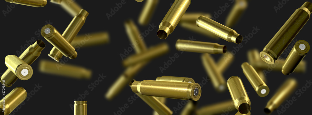 Ammunition cartridge case of a machine gun flying through the air - 3d illustration Ammunition cartridge case of a machine gun flying through the air - 3d illustration