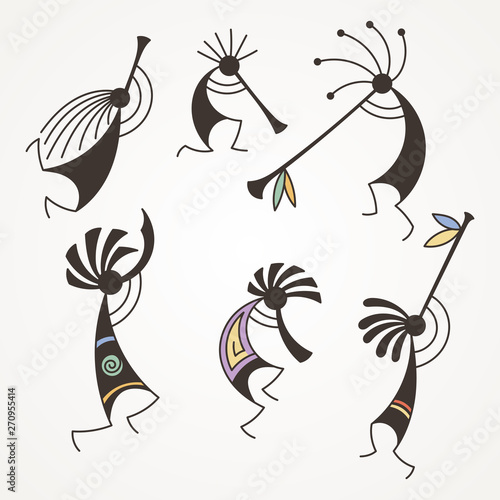 Hand drawn Kokopelli figures. Stylized mythical characters playing flutes. photo