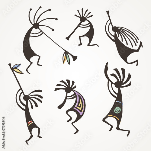 Hand drawn Kokopelli figures. Stylized mythical characters playing flutes. photo