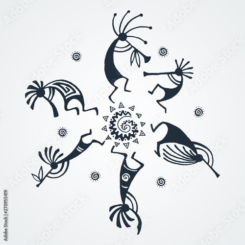 Hand drawn Kokopelli circle. Stylized mythical characters playing flutes.