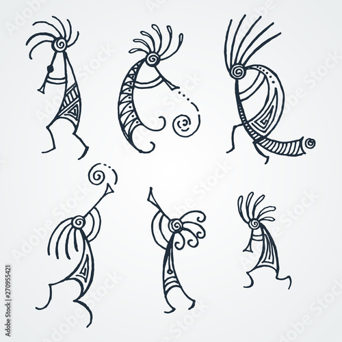 Hand drawn Kokopelli figures. Stylized mythical characters playing flutes.