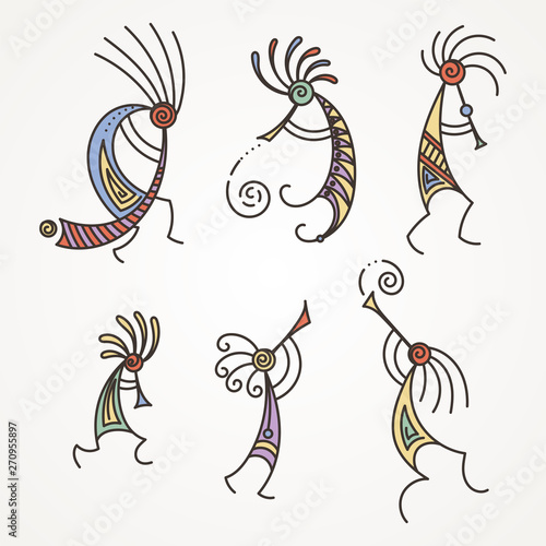 Hand drawn Kokopelli figures. Stylized mythical characters playing flutes.