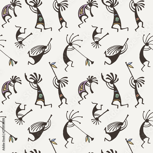 Hand drawn Kokopelli seamless pattern. Stylized mythical characters playing flutes. photo