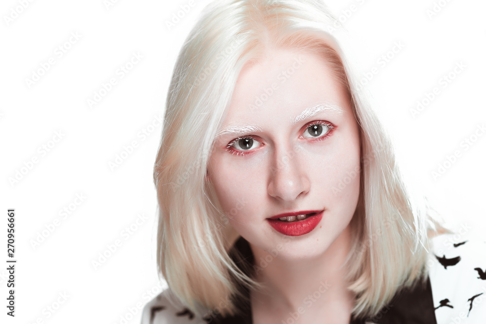 portrait of blonde albino girl in studio portrait of blonde albino girl in studio