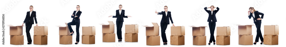 Businesswoman with boxes isolated on white Businesswoman with boxes isolated on white
