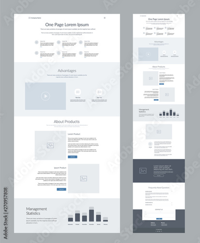 One page website design template for business. Landing page wireframe. Flat modern responsive design. Ux ui website template. Concept mockup layout for development. Best convert page.