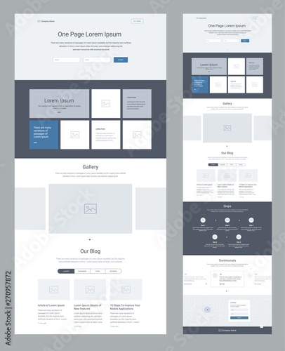 One page website design template for business. Landing page wireframe. Flat modern responsive design. Ux ui website template. Concept mockup layout for development. Best convert page.