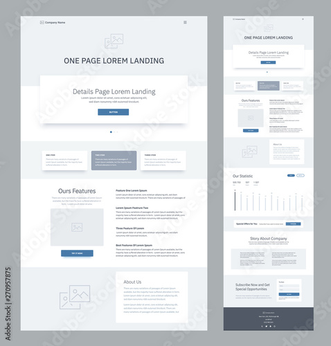 One page website design template for business. Landing page wireframe. Flat modern responsive design. Ux ui website template. Concept mockup layout for development. Best convert page.