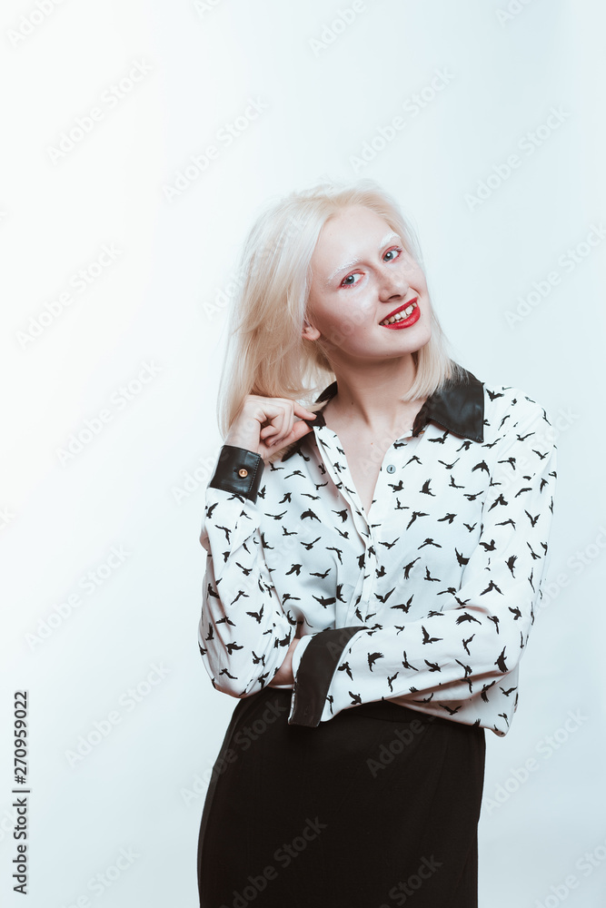 portrait blonde albino girl in studio on white background portrait blonde albino girl in studio on white background
