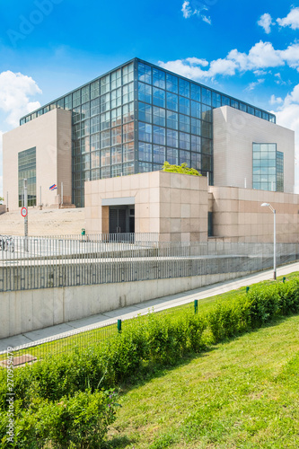 Wallpaper Mural Building of the national and university library in Zagreb, Croatia, modern architecture, glass facade, and new public park.  Torontodigital.ca