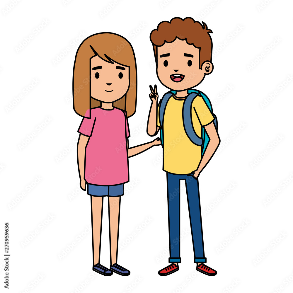 cute little kids couple with school bag characters cute little kids couple with school bag characters