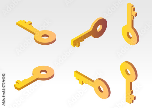 Set of cartoon golden keys in different view isolated on white background. Isometric vector illustration.