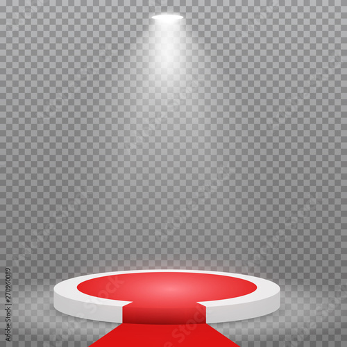 Round podium, pedestal or platform with red carpet, illuminated by spotlights on transparent background. Stage with scenic lights. Vector illustration.