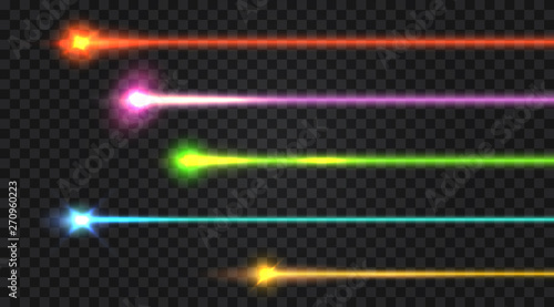 Set of realistic color laser beams on transparent background. Vector illustration.