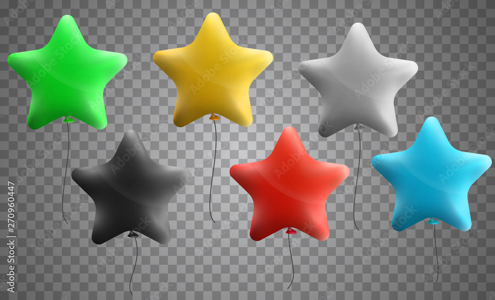 Set of realistic 3d helium balloons in star form isolated on transparent background. Vector illustration. Set of realistic 3d helium balloons in star form isolated on transparent background. Vector illustration.