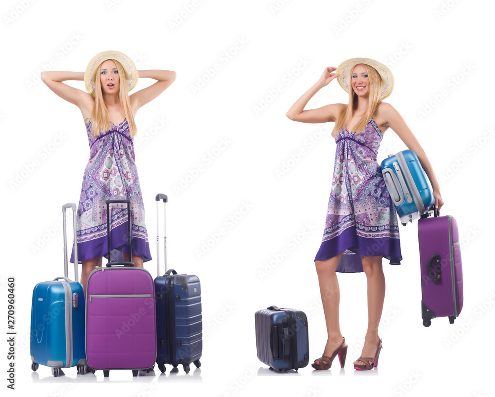 Beautiful woman with suitcase isolated on white Beautiful woman with suitcase isolated on white