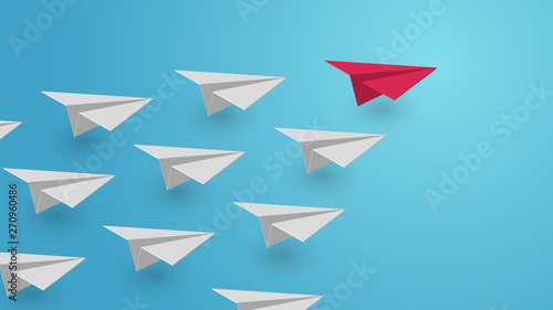 Cartoon paper air plane in sky. Creative minimalistic concept in paper cut 3d style. Colorful modern vector illustration.
