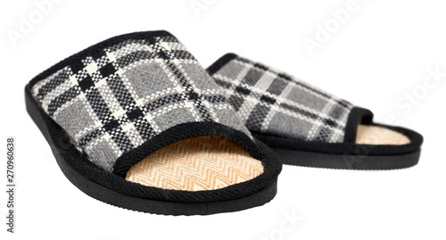 Striped cotton slippers, child footwear. Isolated background