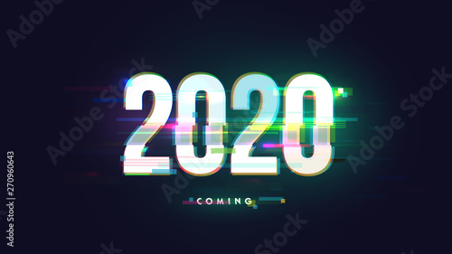 Vector number 2020 in distorted glitch style. Happy new year design concept. Minimalistic trendy illustration for branding banner, cover, poster, card.
