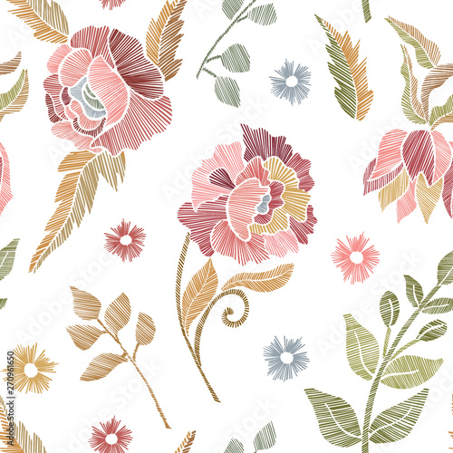 Floral seamless background pattern with fantasy flowers and leaves Line art. Embroidery flowers. Vector illustration.
