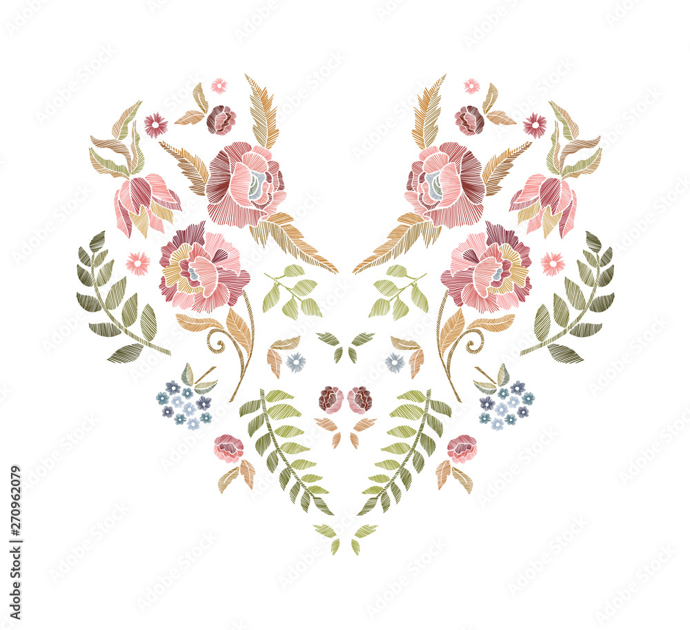 Floral pattern , neck line designs. Vector illustration hand drawn. Fantasy flowers and leaves embroidery pattern.