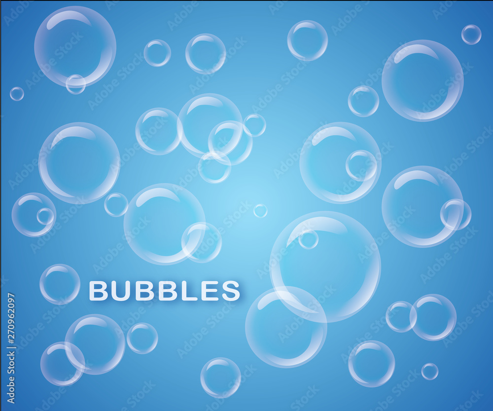 Set of transparent bubbles on blue background