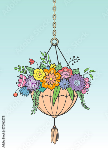 Decorative planter, hanging on a chain. Colorful vector image