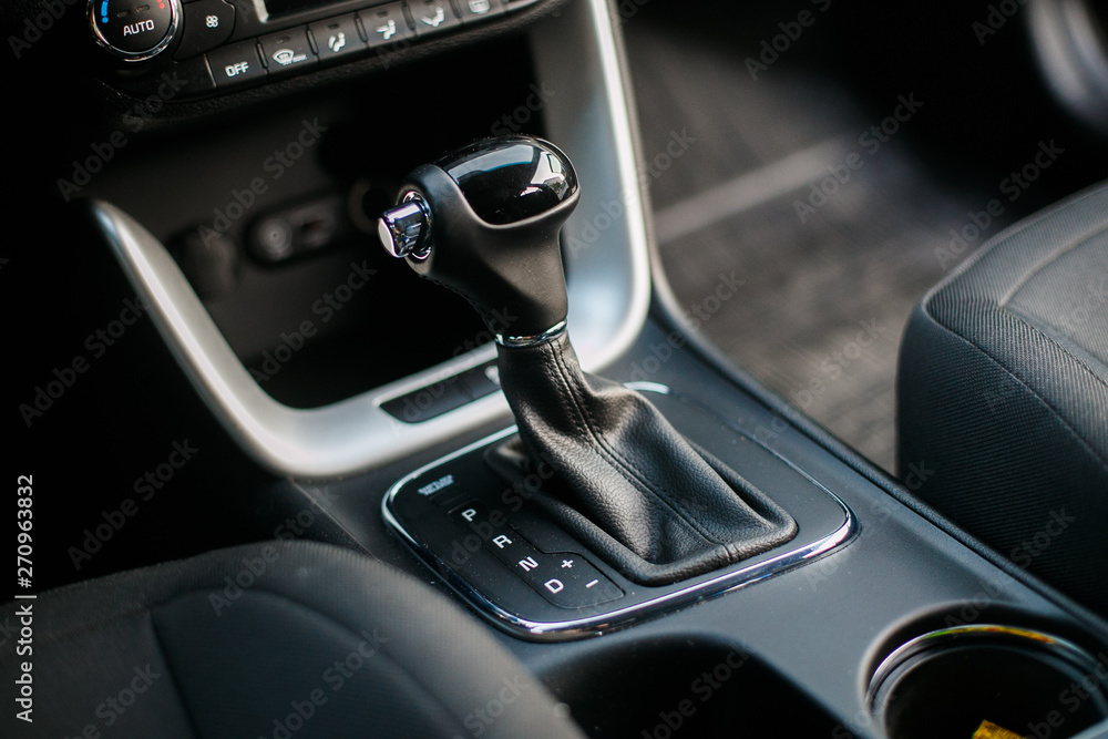 Car interior. Automatic transmission gear shift.
