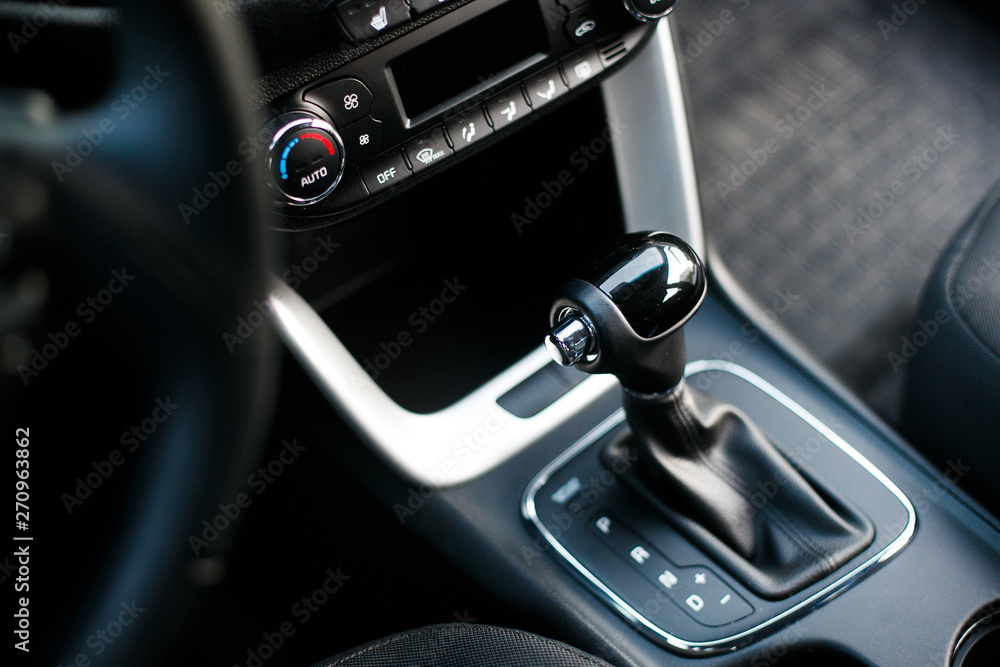 Car interior. Automatic transmission gear shift.