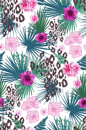 Floral design seamless background pattern . Palm leaves, mix flowers. Vector illustration hand drawn.