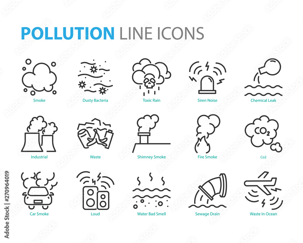 set of pollution line icons, such as dust, noise, sewage, emission