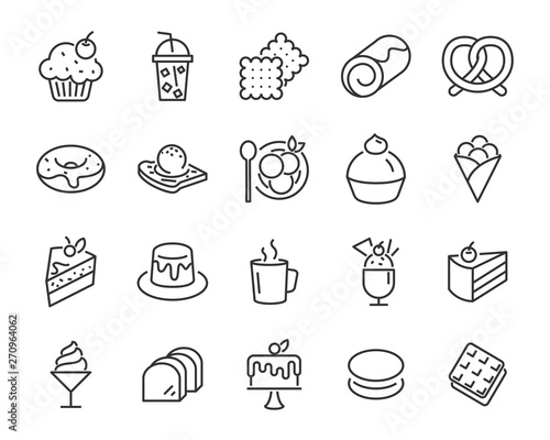 set of dessert icons, such as cake, crepe, bekery, pudding