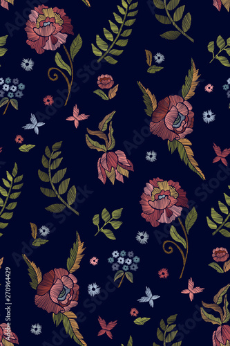 Floral seamless background pattern with mix wild flowers and leaves Line art. Embroidery flowers. Vector illustration.