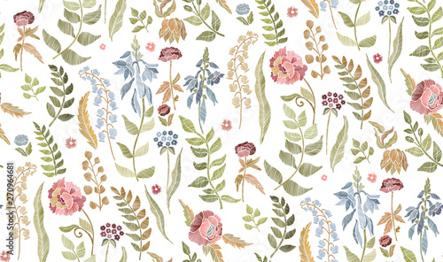 Floral seamless background pattern with mix wild flowers and leaves Line art. Embroidery flowers. Vector illustration.