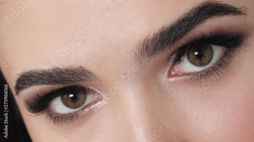 Detail closeup shot of young beautiful brown haired woman green eyes with gorgeous trendy professional makeup, beautiful long eyelashes, perfect eyebrows, demonstrates artist portfolio emotionally