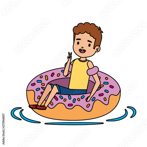 cute little boy with shirt and donut float
