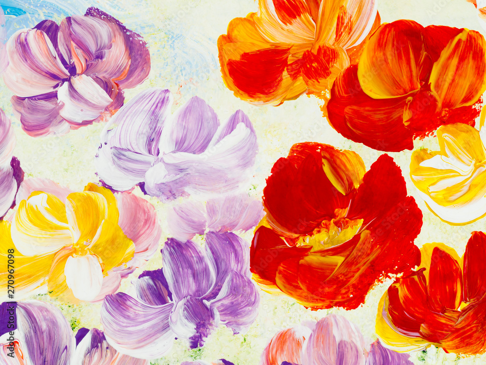 Abstract flowers, close-up fragment of acrylic painting on canvas. Creative abstract hand painted background