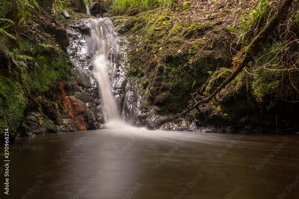 Fototapeta premium A small waterfall surrounded by rocks and green moss in the middle of a forest in Ireland, long exposure to blur the movement of the water, nobody in the image