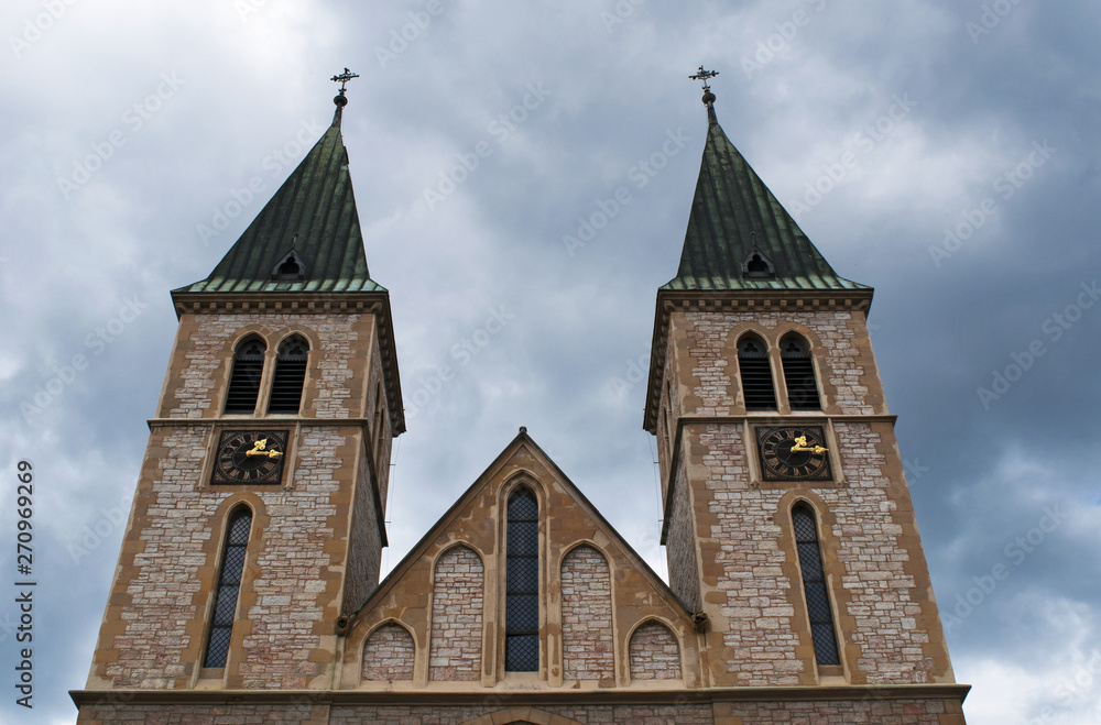 Fototapeta premium Bosnia and Herzegovina: detail of the Sacred Heart Cathedral, the 1887 Catholic church commonly referred as the Sarajevo Cathedral (Sarajevska katedrala) in the city's Old Town district