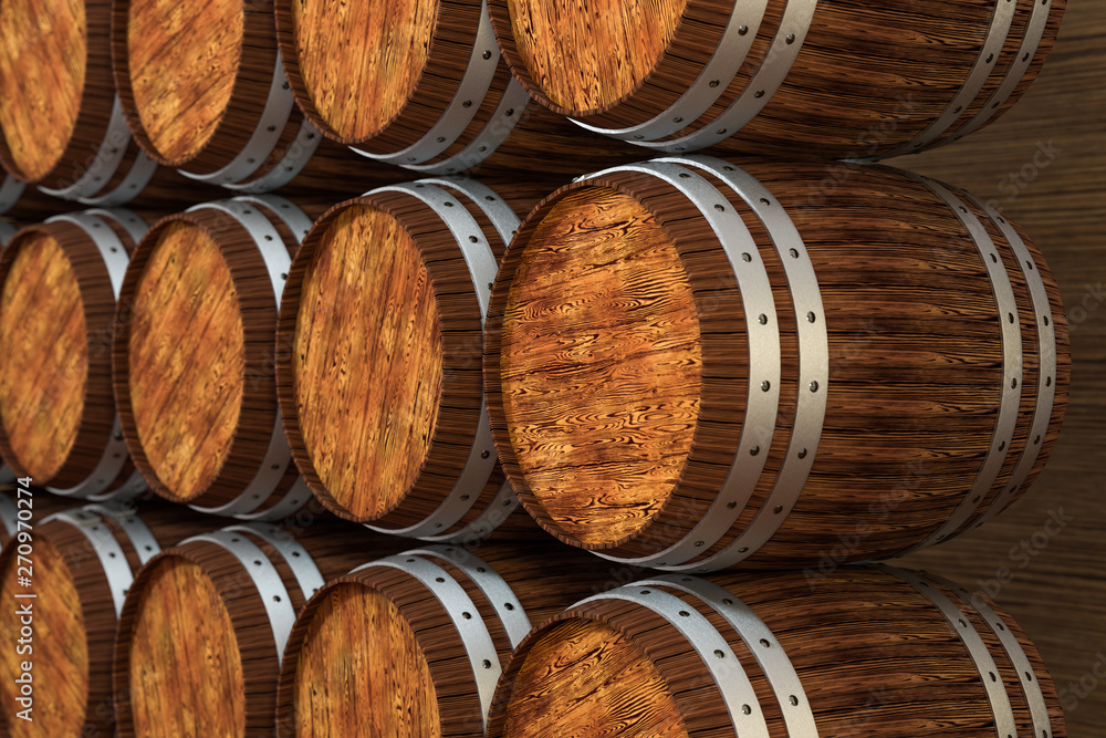 Wooden winery barrel with warm color background, 3d rendering