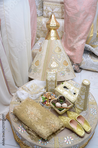 Moroccan Tyafer, traditional gift containers for the wedding ceremony, decorated with ornate golden embroidery.Moroccan henna .wedding gifts for the bride photo