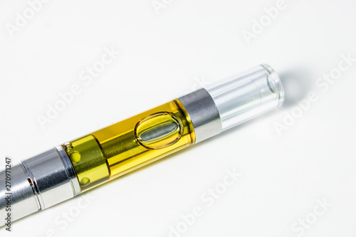 THC Concentrate Oil Vape Pen Up Close Isolated On White	