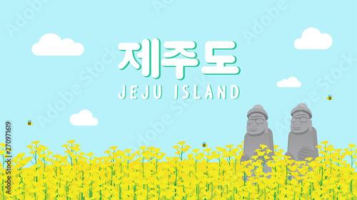 Jeju island (Korean character) vector illustration. Beautiful Canola field with stone grandfather