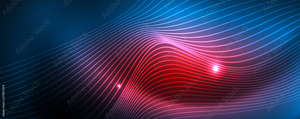 Smooth wave lines on blue neon color light background. Glowing abstract wave on dark, shiny motion, magic space light Smooth wave lines on blue neon color light background. Glowing abstract wave on dark, shiny motion, magic space light