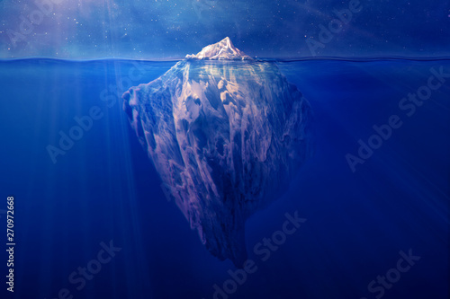 Iceberg floating in the ocean at night with visible underwater part. Global warming, hidden danger, risk management, planning strategy, ecology, glaciers melting concept. 3D illustration