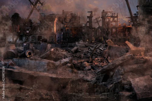 Ruined abandoned city after war battle attack. Buildings on the street destroyed by war, battlefield. Apocalypse, environment ecology, pollution, peace and world war concept. 3D photo