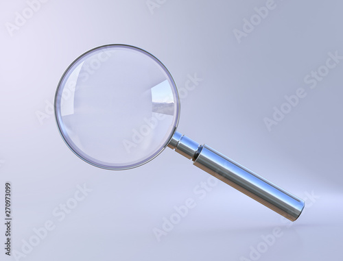 Magnifying glass, optic loupe with metal handle as research symbol with blank studio background. 3D illustration